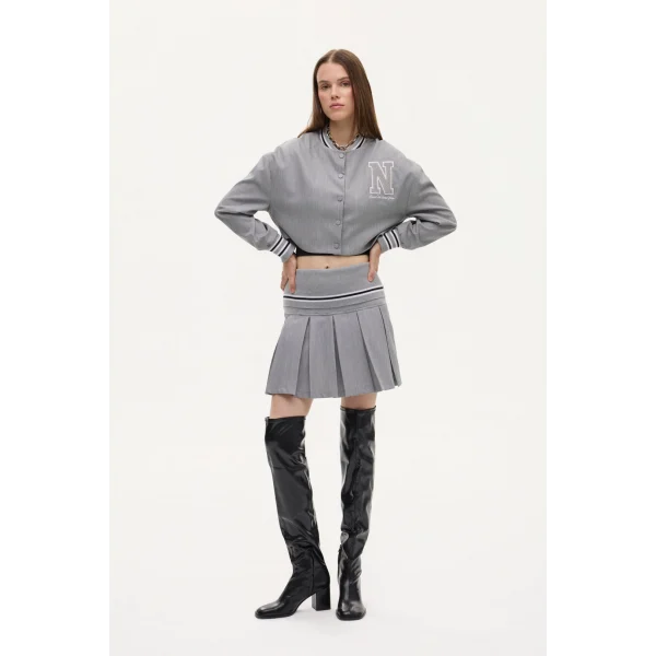 Beli Şerit Desenli Ribanalı Pileli Mini Etek-Gri