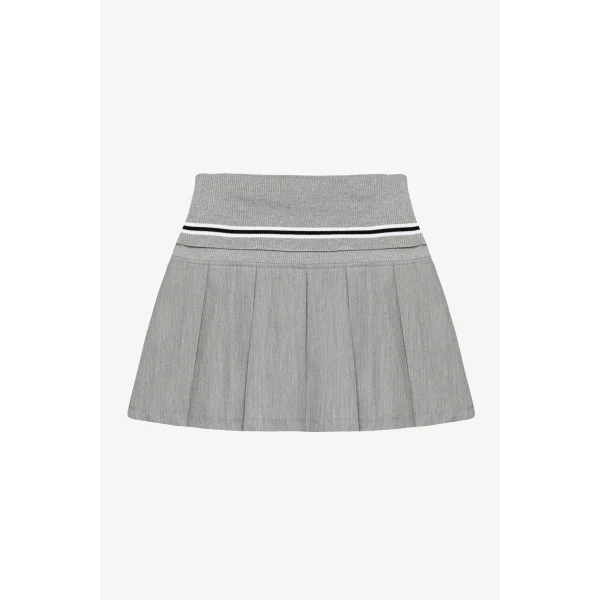 Beli Şerit Desenli Ribanalı Pileli Mini Etek-Gri