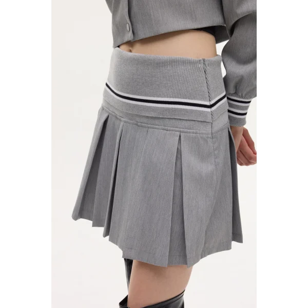 Beli Şerit Desenli Ribanalı Pileli Mini Etek-Gri