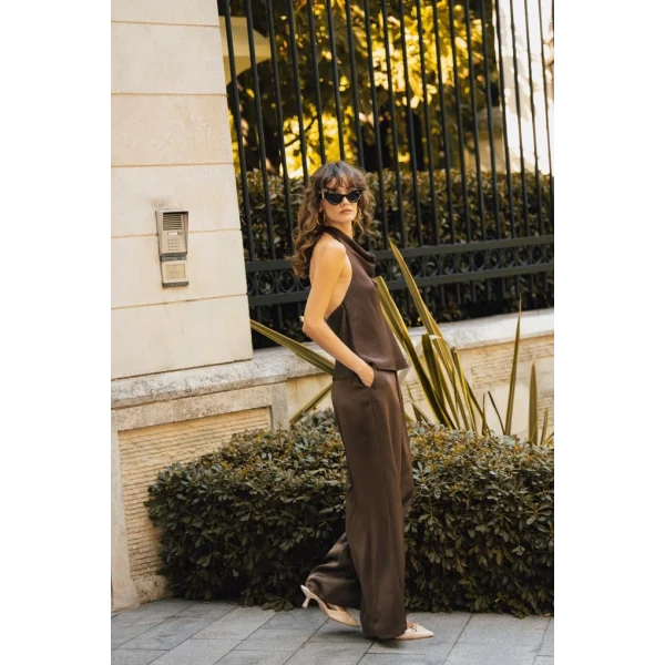 Saten Bluz Pantolon İkili Takım-Kahve