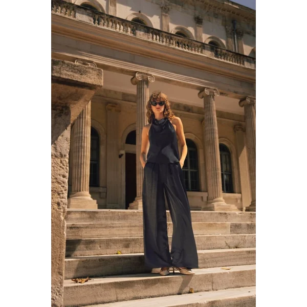 Saten Bluz Pantolon İkili Takım-Siyah