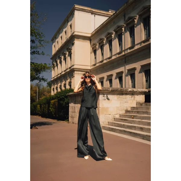 Saten Bluz Pantolon İkili Takım-Siyah