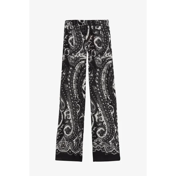 Etnik Desenli Yüksek Bel Bol Paça Pantolon-Siyah