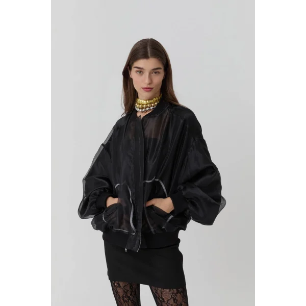 Cep Detaylı Organze Tül Ceket-Siyah
