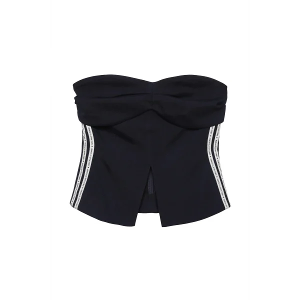 Yazı Şerit Detaylı Straplez Bluz-Lacivert