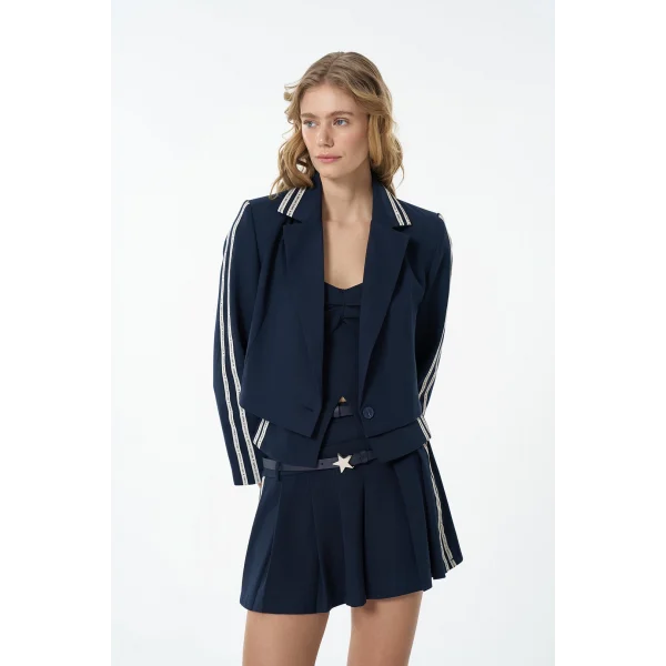 Yazı Şeritli Tek Düğmeli Crop Blazer Ceket Lacivert