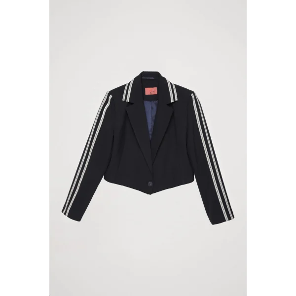 Yazı Şeritli Tek Düğmeli Crop Blazer Ceket Lacivert