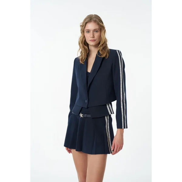 Yazı Şeritli Tek Düğmeli Crop Blazer Ceket Lacivert