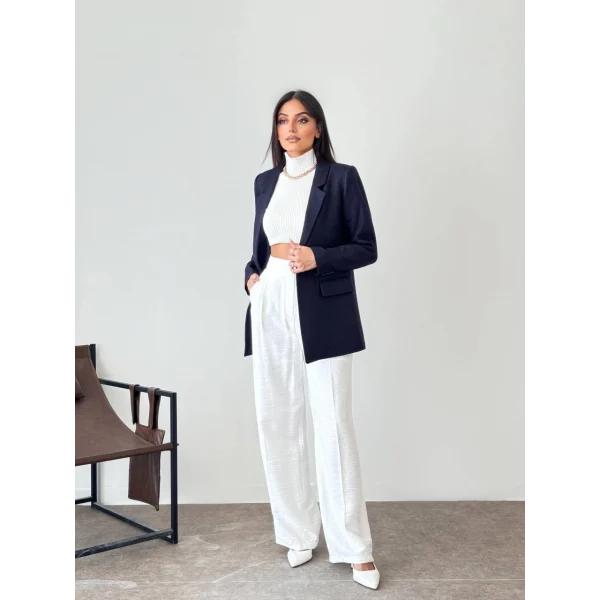 Yün Efekt Tek Düğme Lacivert Blazer Ceket