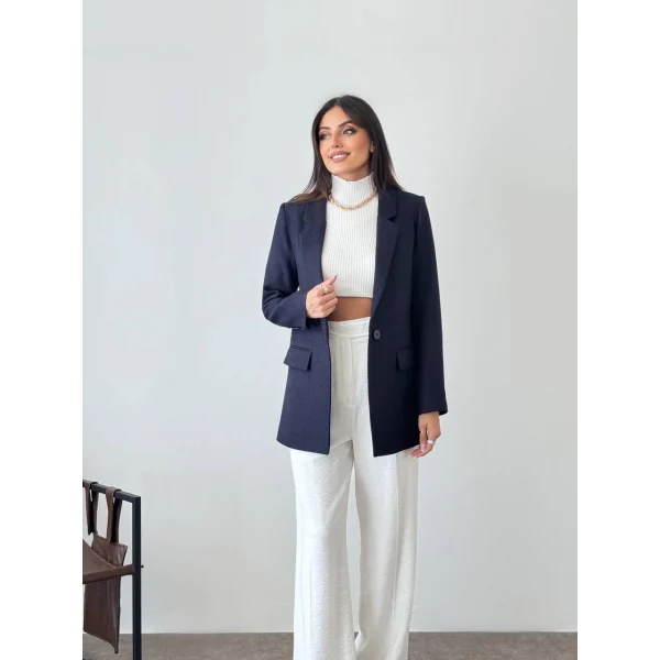 Yün Efekt Tek Düğme Lacivert Blazer Ceket