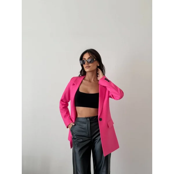 Yün Efekt Tek Düğme Fuşya Blazer Ceket