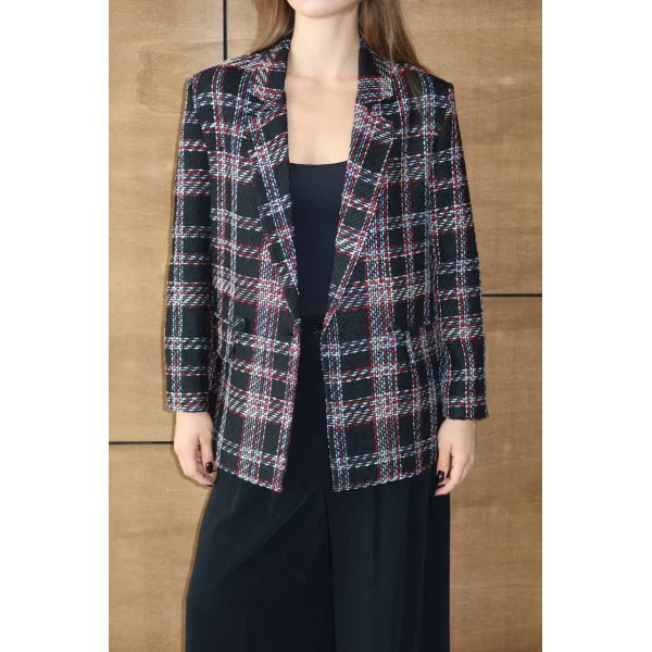 Siyah Kırmızı Kareli Oversize Kruvaze Şanel Ceket