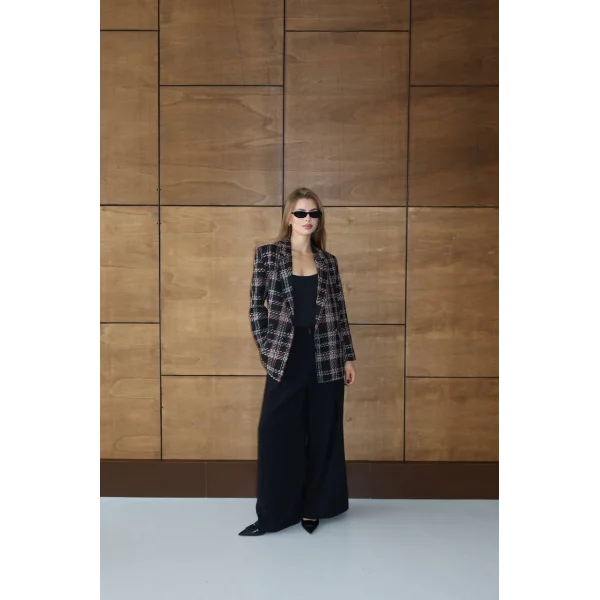 Siyah Kırmızı Kareli Oversize Kruvaze Şanel Ceket