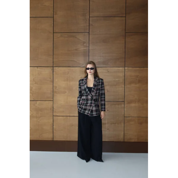 Siyah Kırmızı Kareli Oversize Kruvaze Şanel Ceket