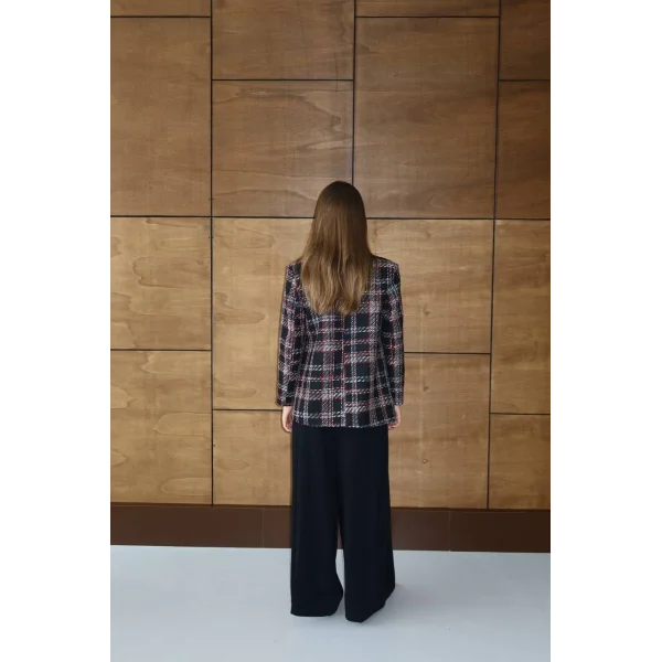 Siyah Kırmızı Kareli Oversize Kruvaze Şanel Ceket