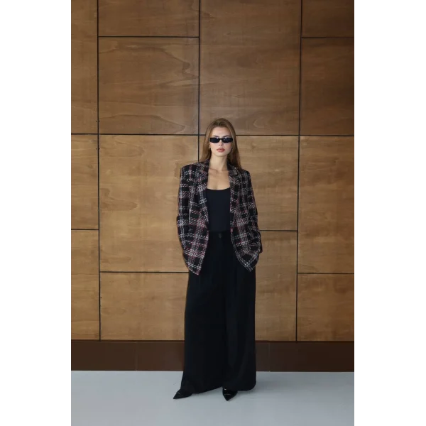 Siyah Kırmızı Kareli Oversize Kruvaze Şanel Ceket