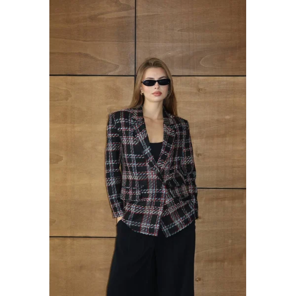 Siyah Kırmızı Kareli Oversize Kruvaze Şanel Ceket