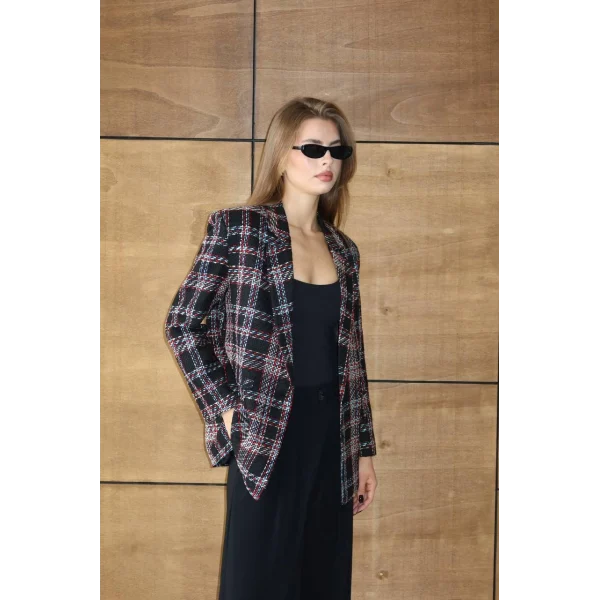 Siyah Kırmızı Kareli Oversize Kruvaze Şanel Ceket