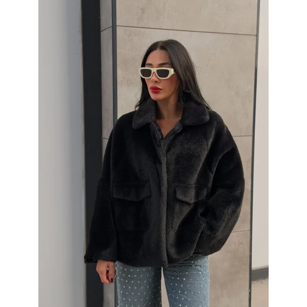 Cepli Alpaka Kürk Kısa Kaban-Siyah