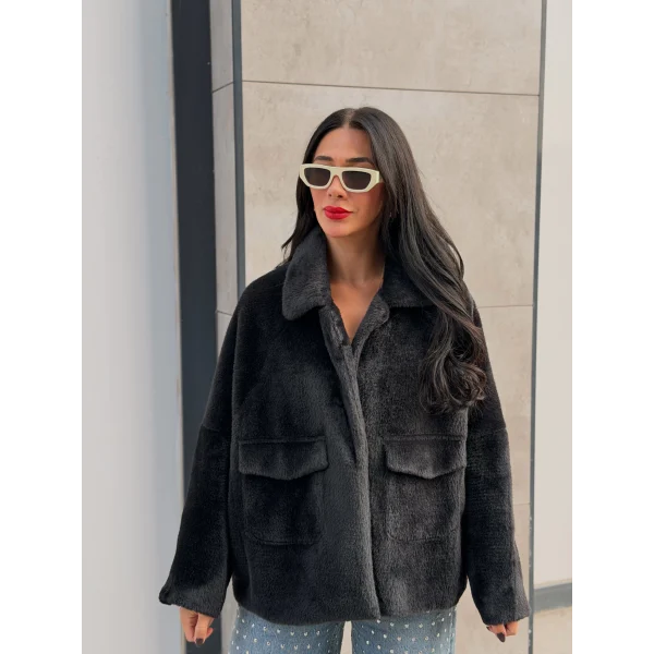 Cepli Alpaka Kürk Kısa Kaban-Siyah