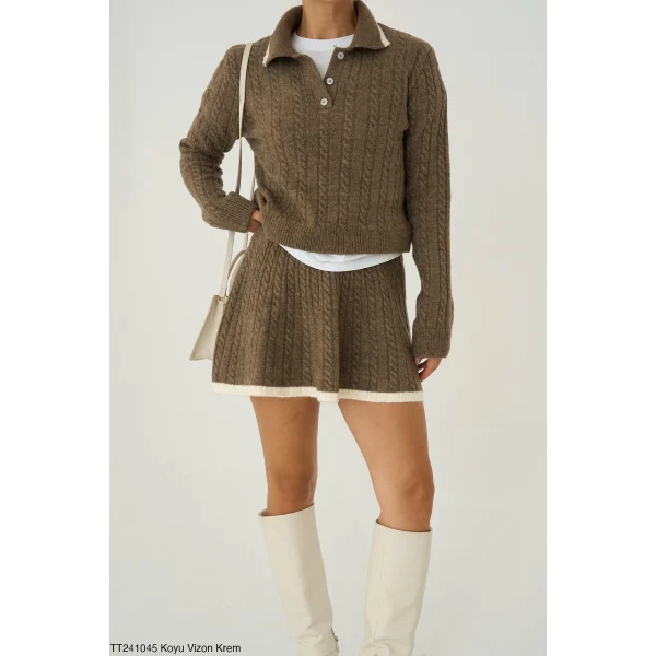 Triko Kazak Etek İkili Takım-Kahve
