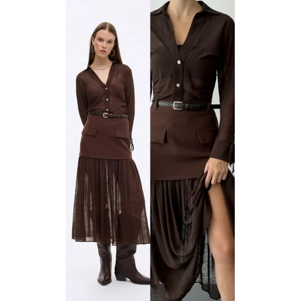 Tül Garnili Kemerli Midi Boy Etek-Kahverengi