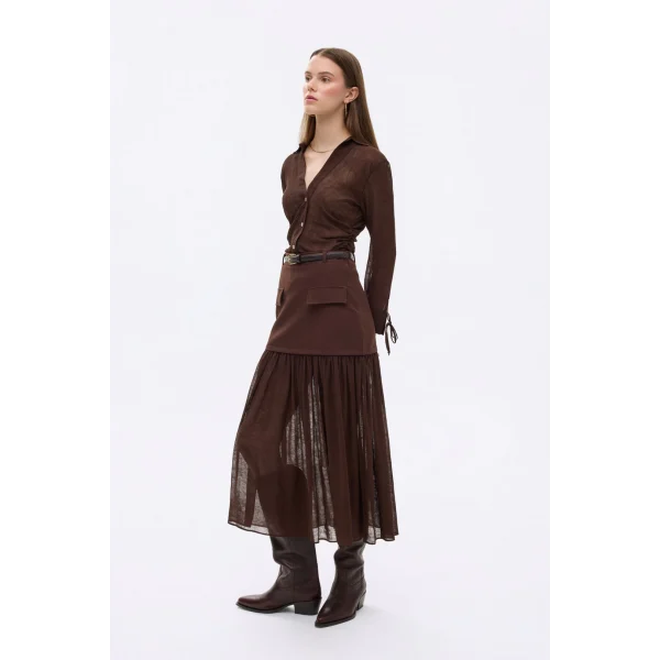 Tül Garnili Kemerli Midi Boy Etek-Kahverengi