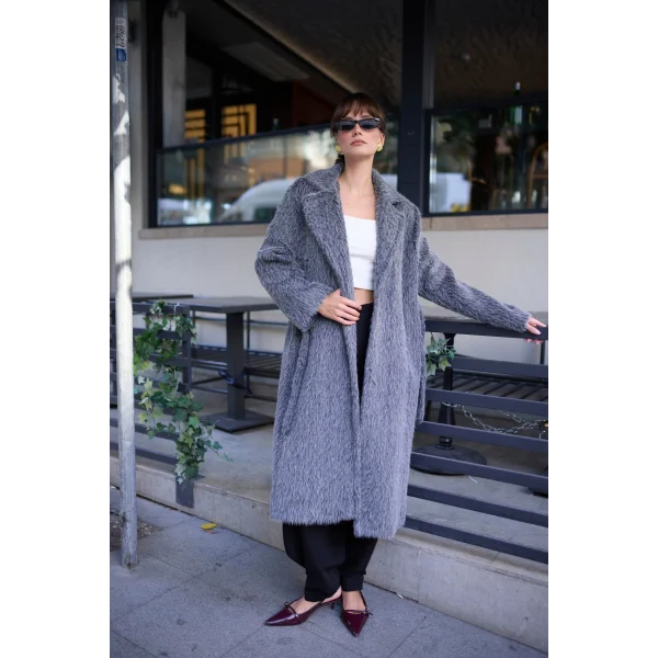 Bağlamalı Tüy Dokulu Gri Kürk Kaban