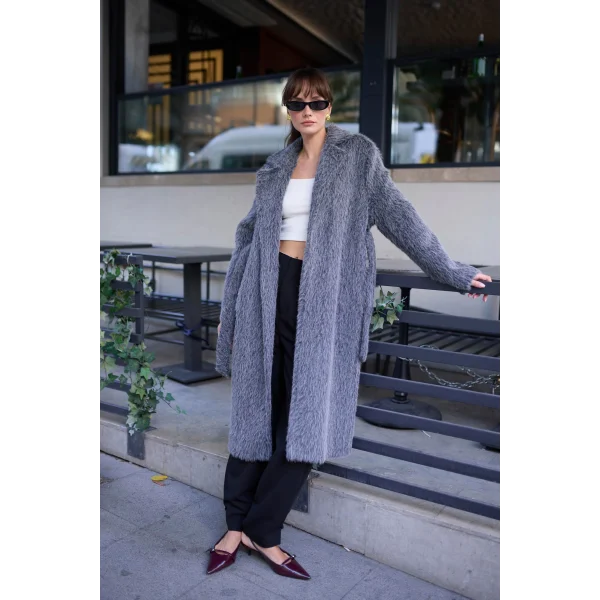 Bağlamalı Tüy Dokulu Gri Kürk Kaban