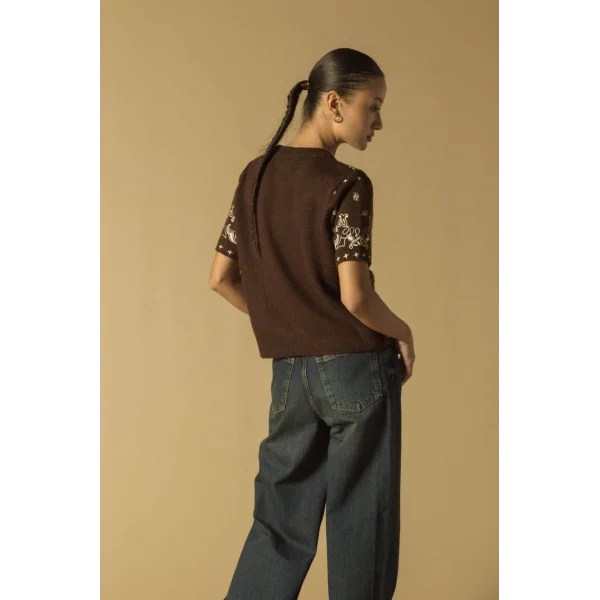 Baskılı Triko Kısa Kol Kazak-Kahverengi