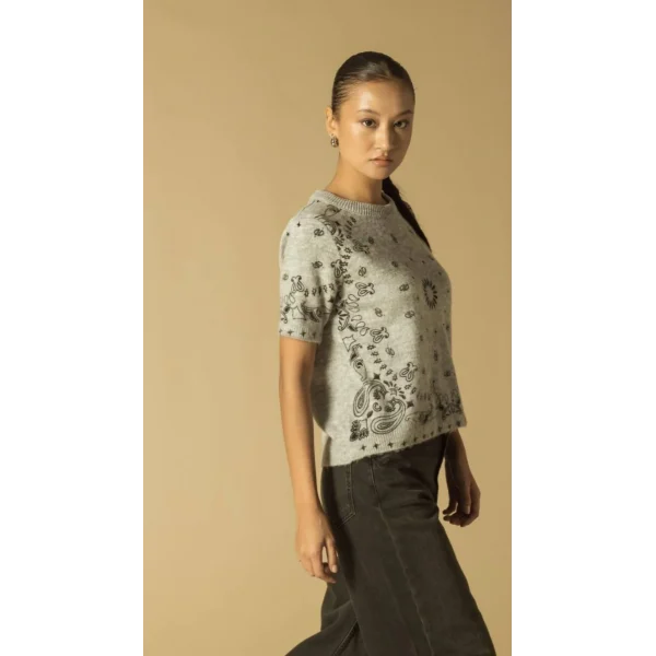 Baskılı Triko Kısa Kol Kazak-Gri