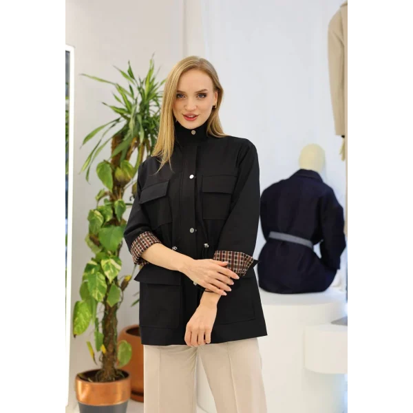 Tiffany Ekose Astarlı Trençkot-Siyah