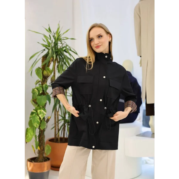 Tiffany Ekose Astarlı Trençkot-Siyah