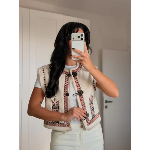 Nakış İşlemeli Süet Yelek-Taş