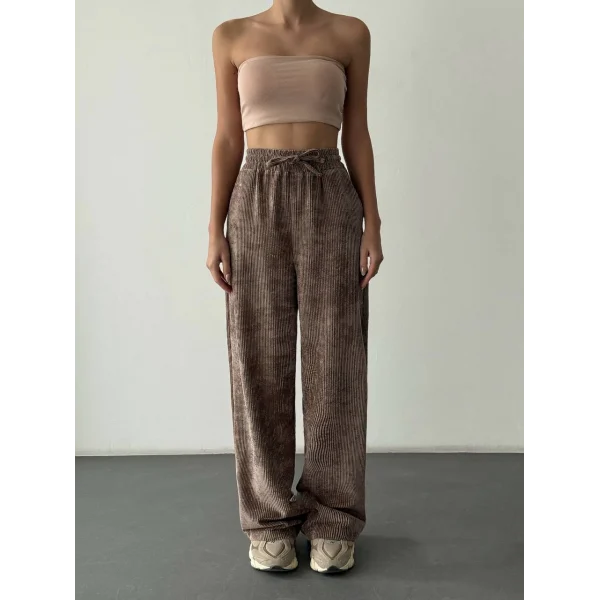 Beli Lastikli Kadife Pantolon-Kahve