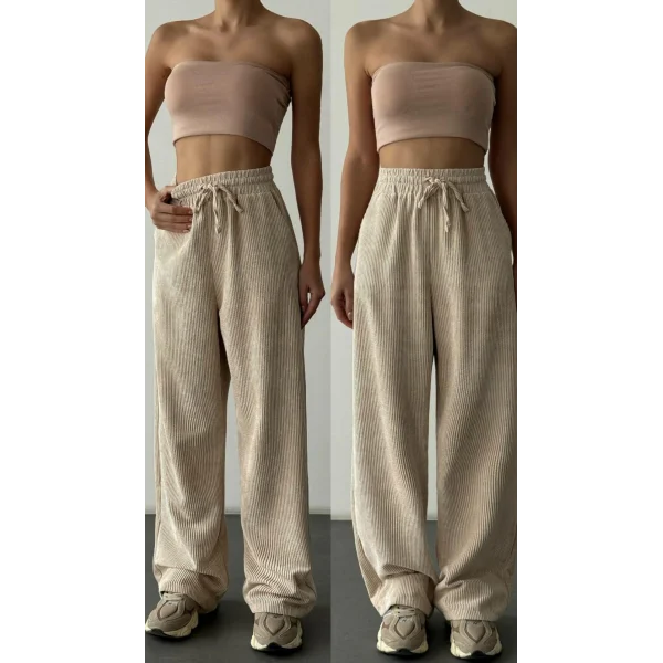 Beli Lastikli Kadife Pantolon-Krem