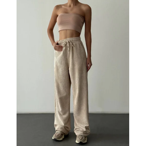 Beli Lastikli Kadife Pantolon-Krem