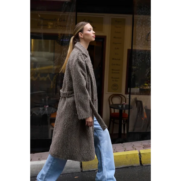 Bağlamalı Tüy Dokulu Vizon Kürk Kaban