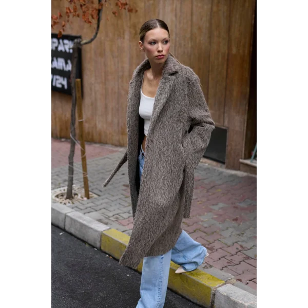 Bağlamalı Tüy Dokulu Vizon Kürk Kaban