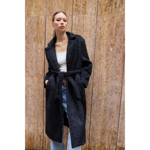 Bağlamalı Tüy Dokulu Siyah Kürk Kaban