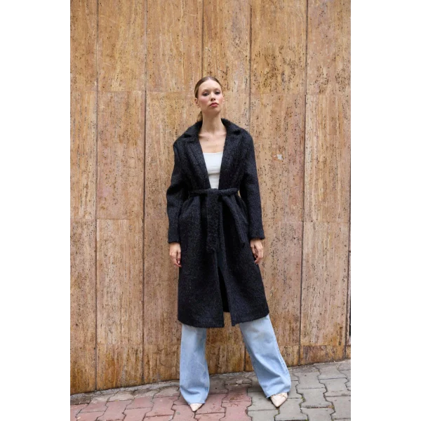 Bağlamalı Tüy Dokulu Siyah Kürk Kaban