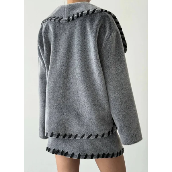 Nakış Detaylı Kürk Ceket Etek Takım-Gri