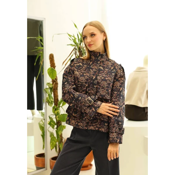 Etnik Desen Kısa Ceket-Lacivert