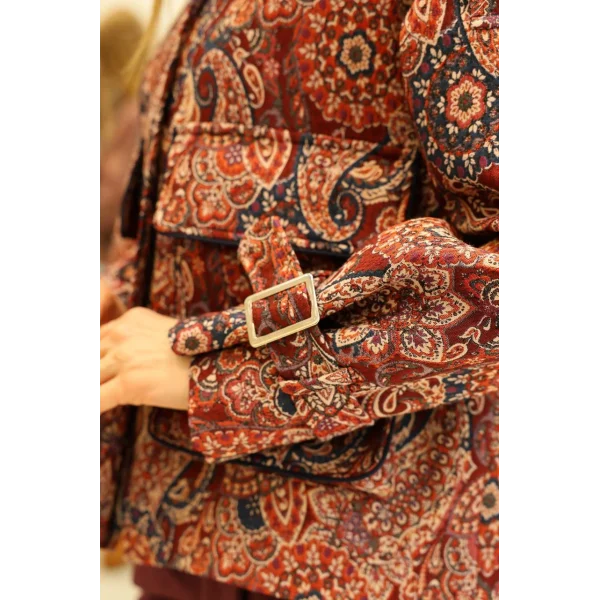 Etnik Desen Kısa Ceket-Bordo