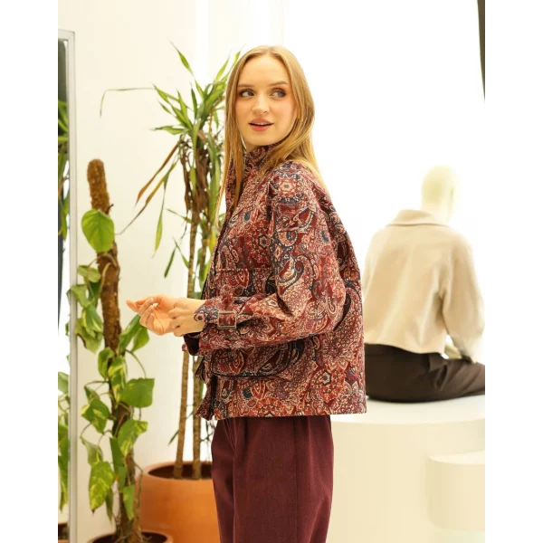 Etnik Desen Kısa Ceket-Bordo