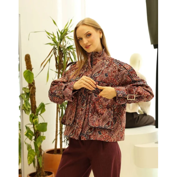 Etnik Desen Kısa Ceket-Bordo