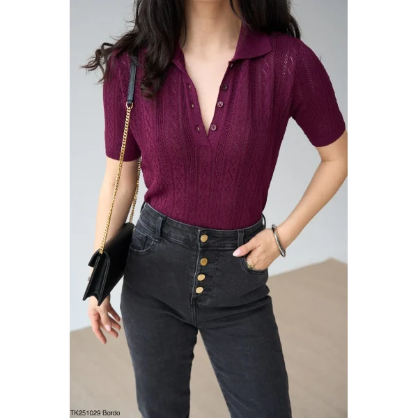 Ajurlu Kısa Kol Kazak-Bordo