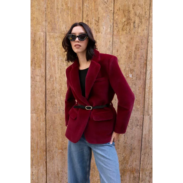 Alpaka Doku Kemerli Bordo Peluş Ceket