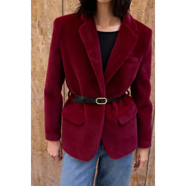 Alpaka Doku Kemerli Bordo Peluş Ceket