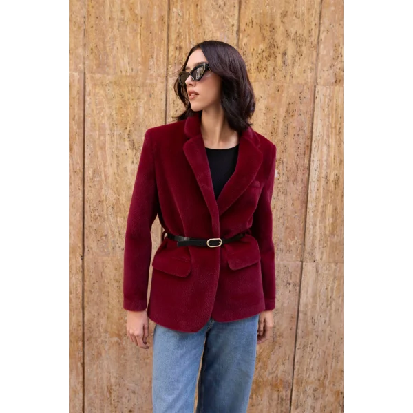 Alpaka Doku Kemerli Bordo Peluş Ceket